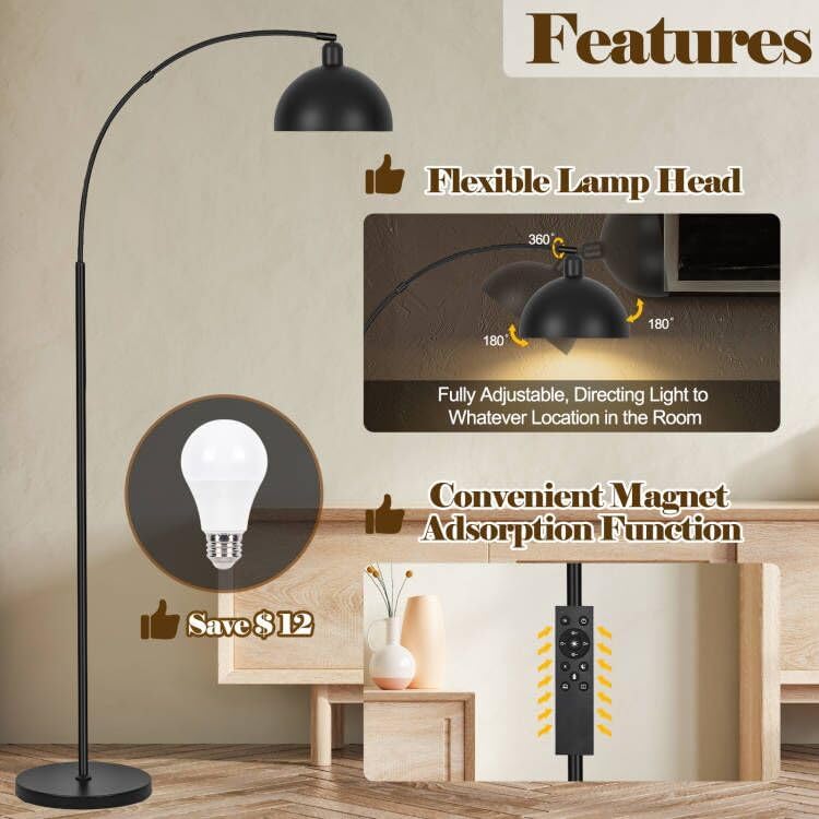 Dimmable Black Arc Floor Lamp with Remote