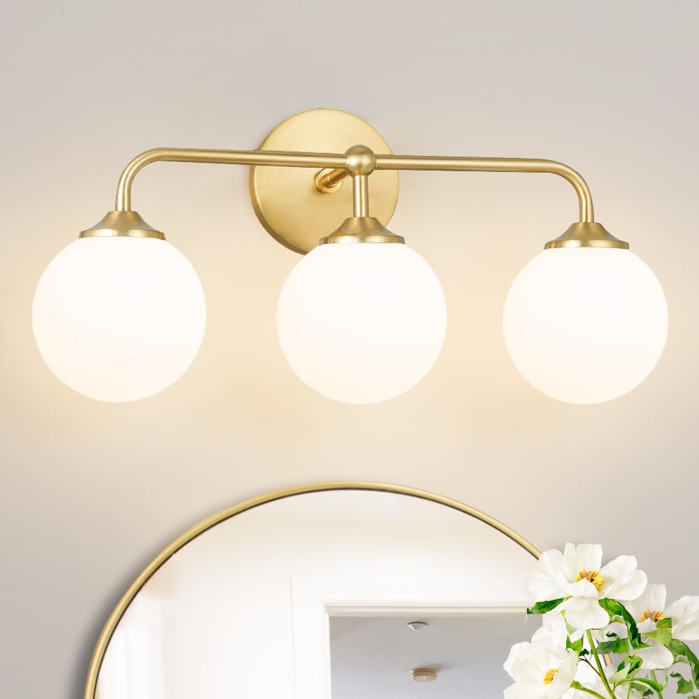 3-Light Gold Milk Glass Ball Vanity Light