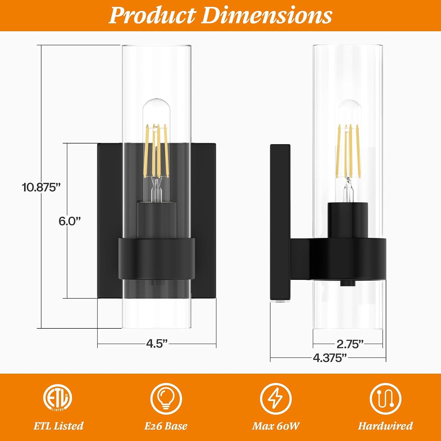 2-Pack Black Cylinder Wall Sconces