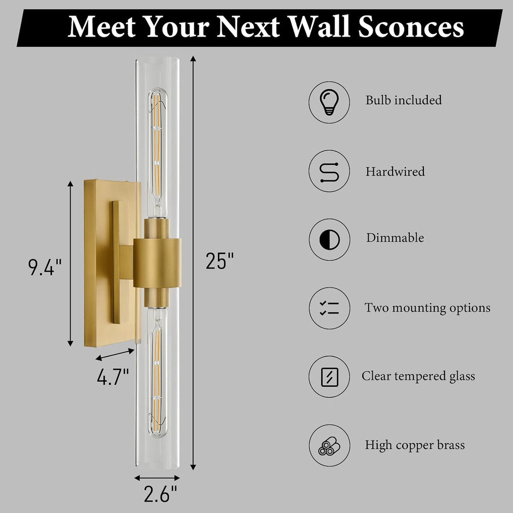 2-Pack Champagne Brass Tube Glass Sconces