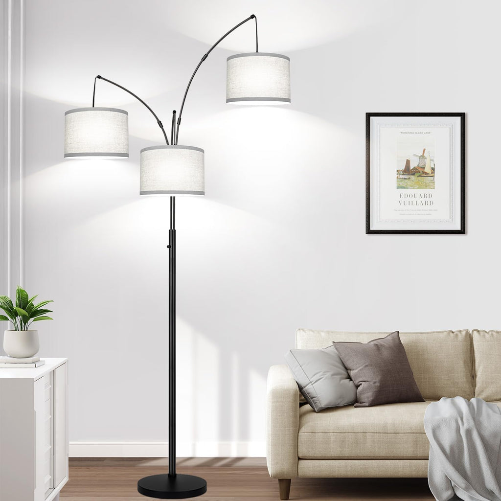 3-Light Black Tree Arc Floor Lamp with Linen Shades