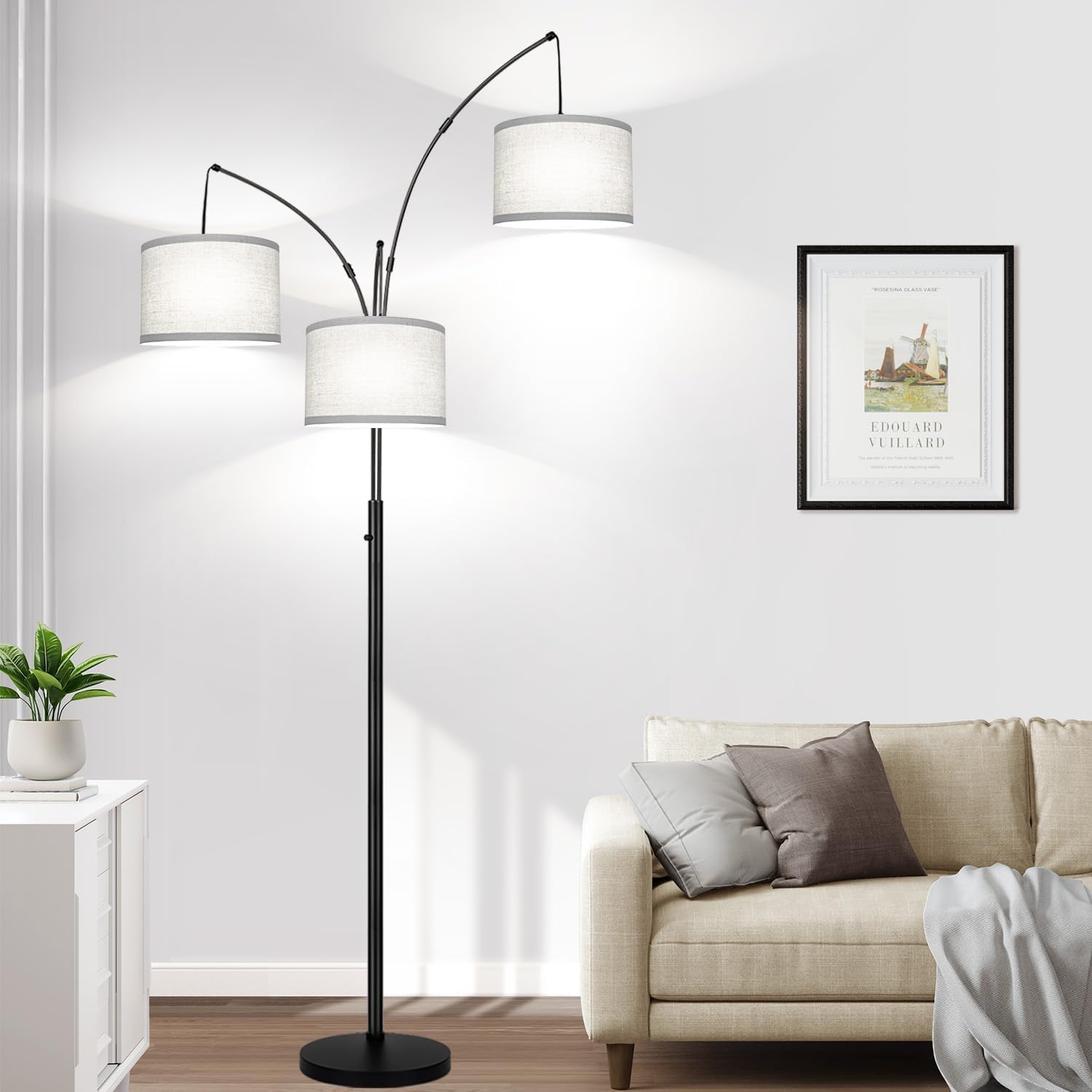 3-Light Black Tree Arc Floor Lamp with Linen Shades