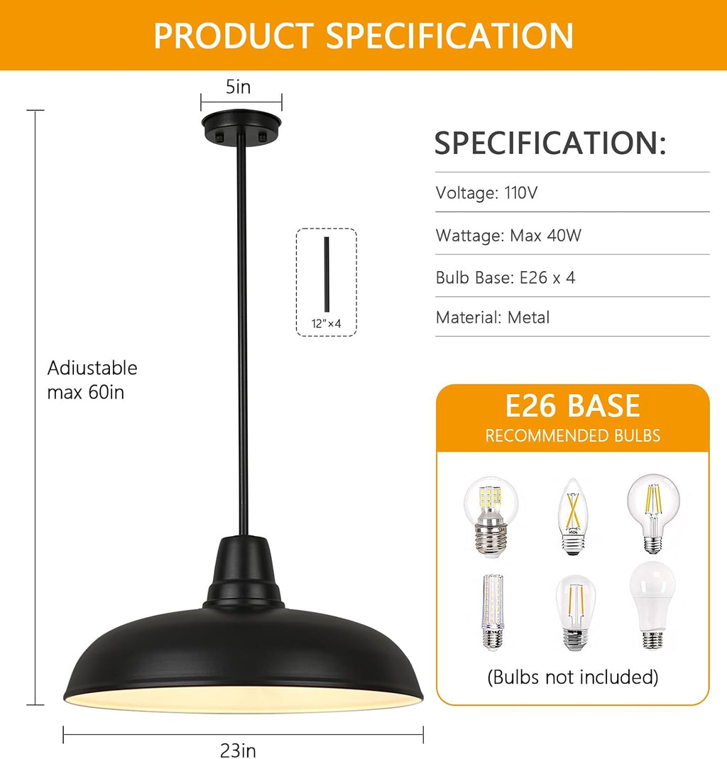 23" Black Dome Pendant Light