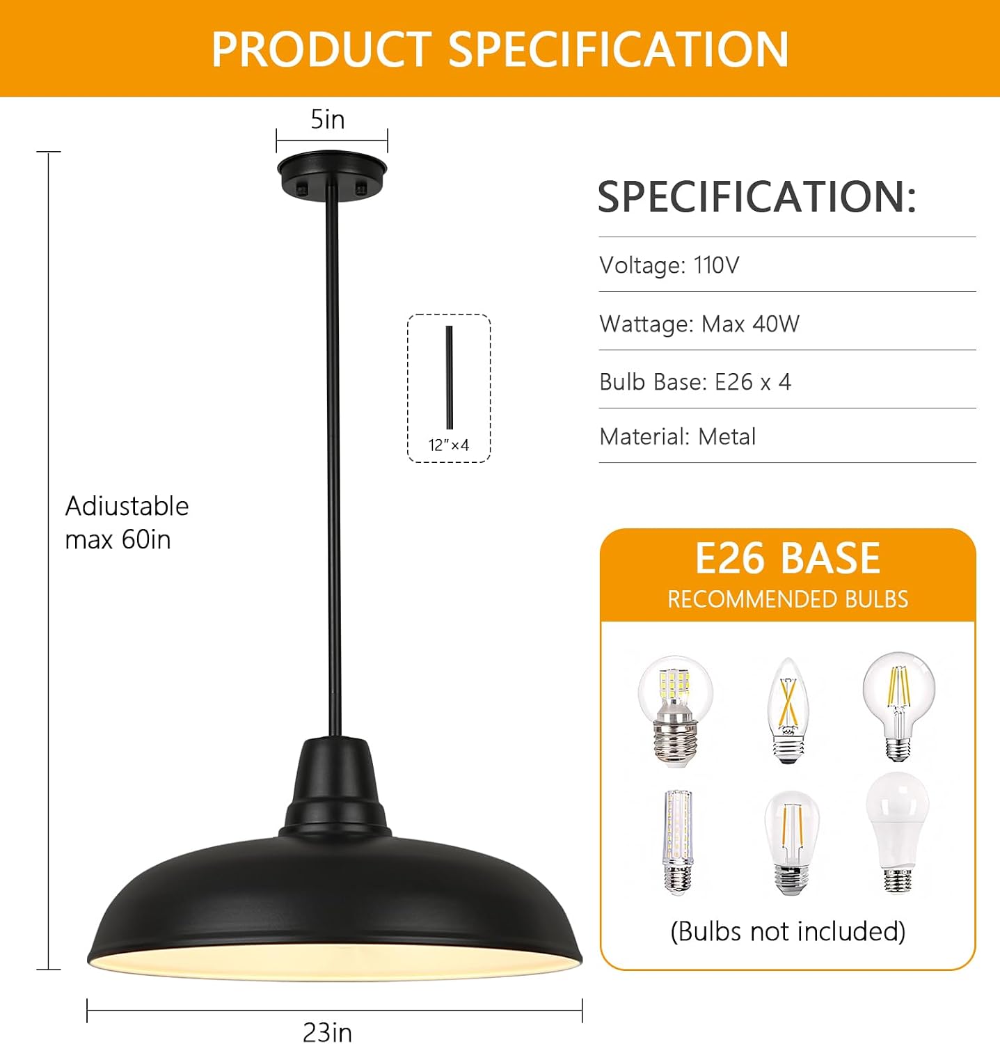23" Black Dome Pendant Light