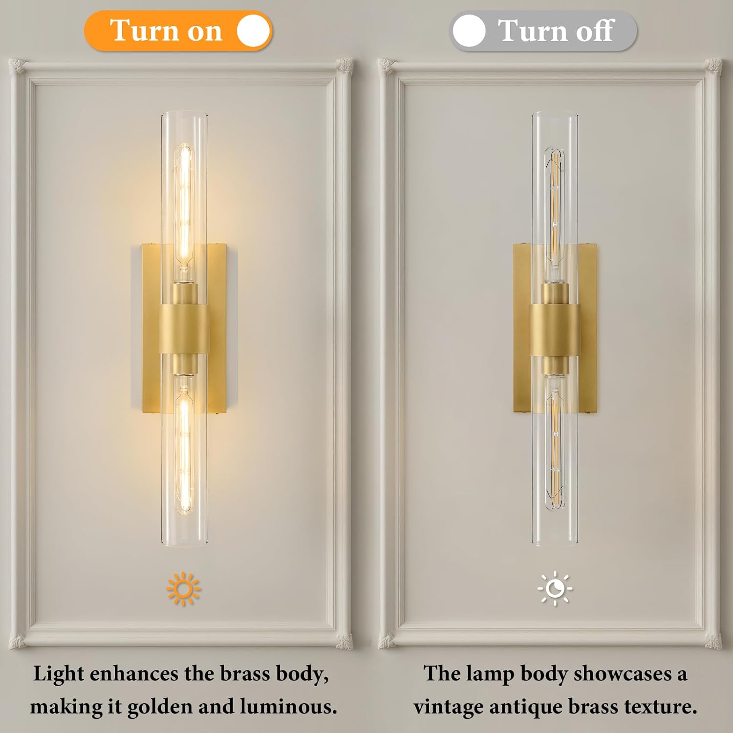 2-Pack Champagne Brass Tube Glass Sconces