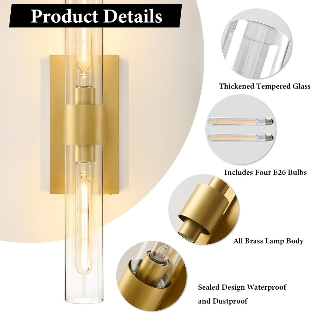 2-Pack Champagne Brass Tube Glass Sconces