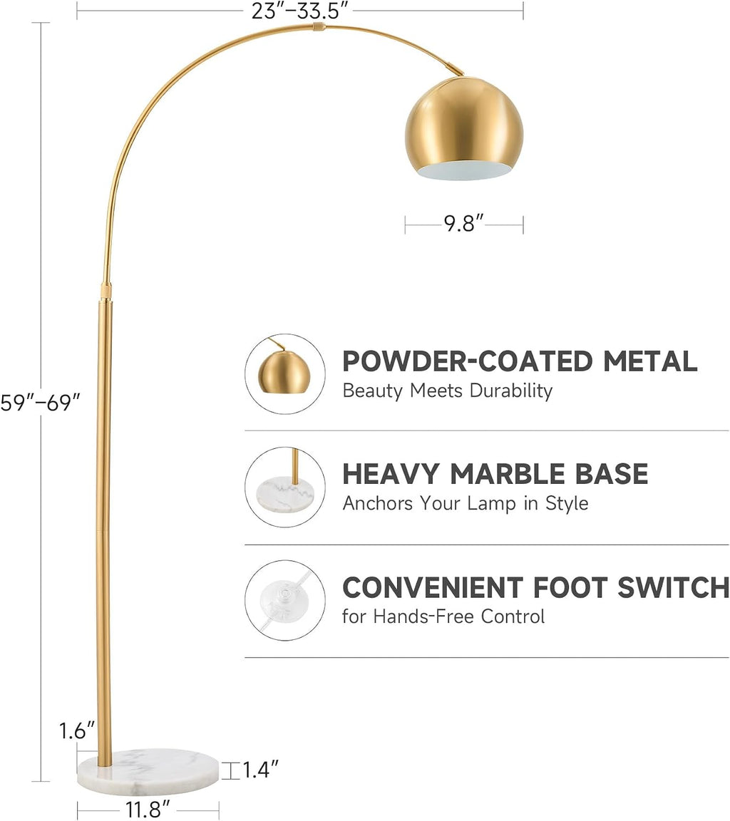 69" Gold Adjustable Arc Floor Lamp with Marble Base