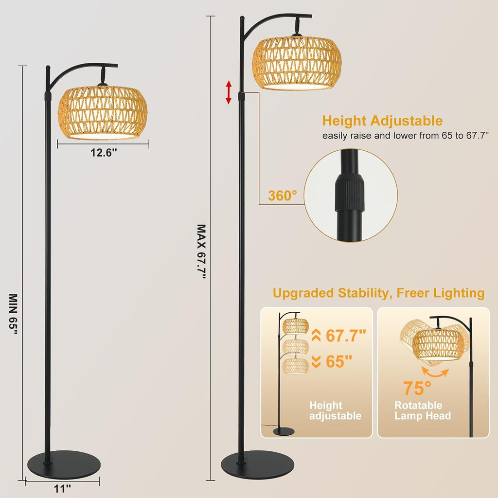 Dimmable Rattan Arc Floor Lamp with Remote