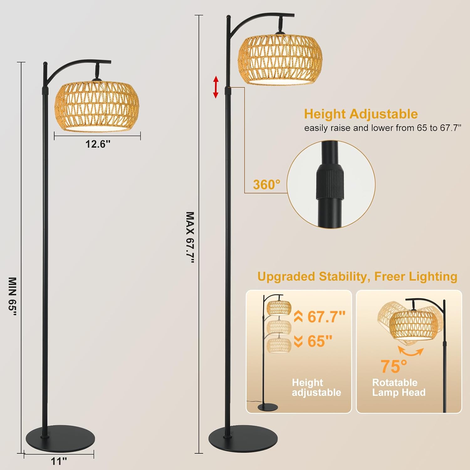 Dimmable Rattan Arc Floor Lamp with Remote