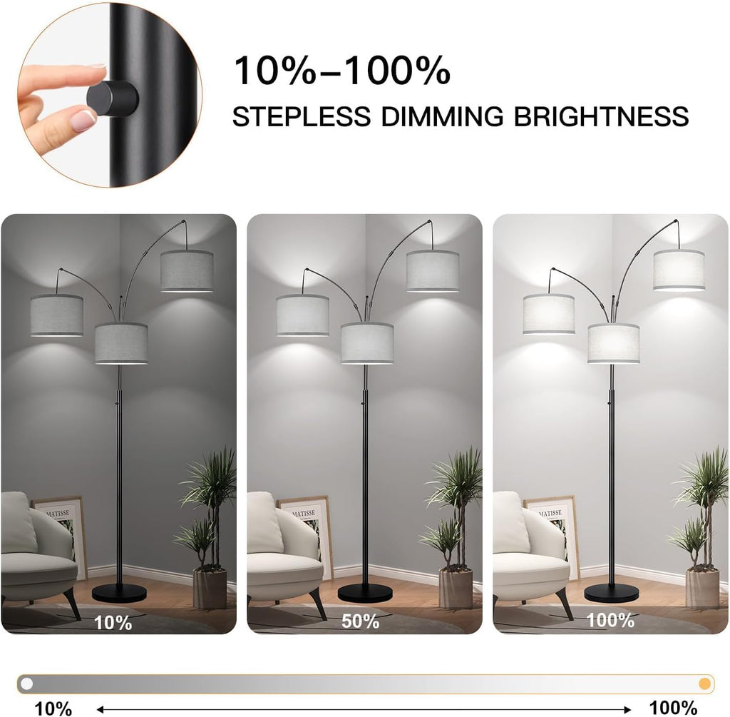 3-Light Black Tree Arc Floor Lamp with Linen Shades