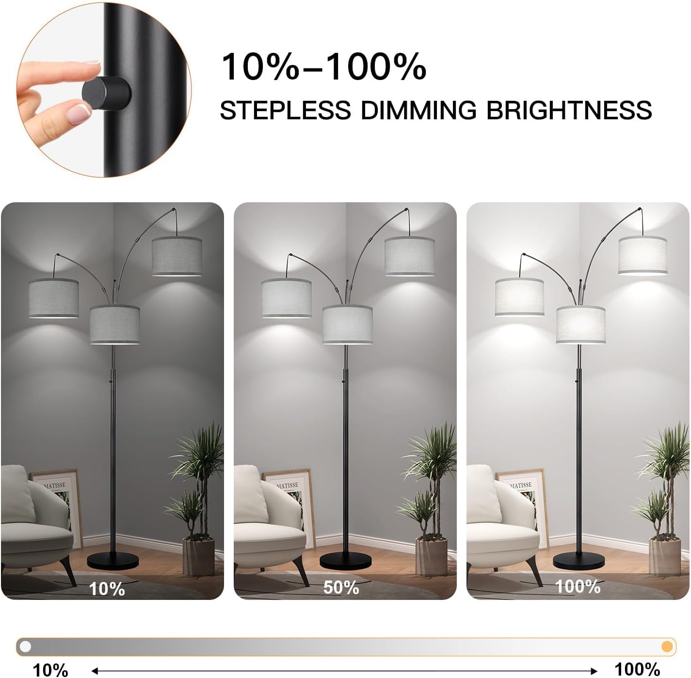 3-Light Black Tree Arc Floor Lamp with Linen Shades
