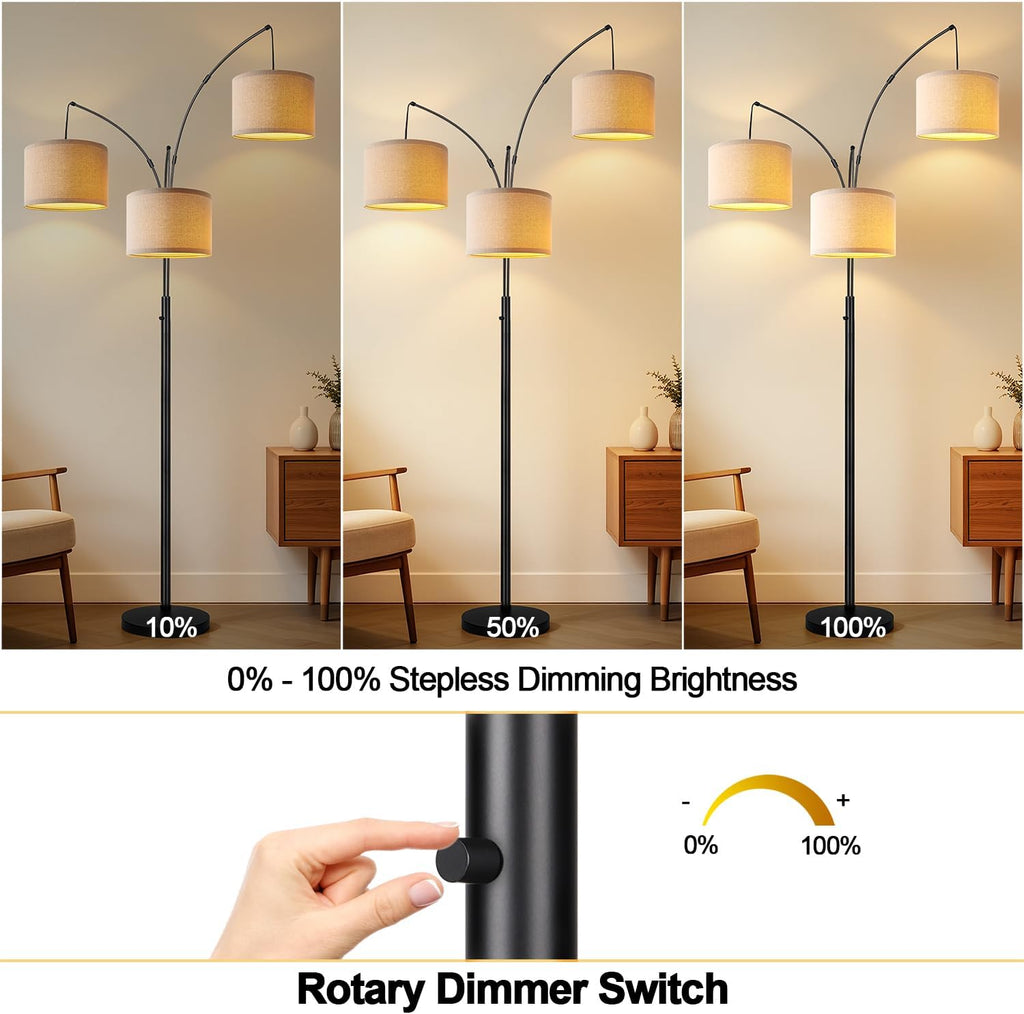 3-Light Beige Shade Tree Arc Floor Lamp