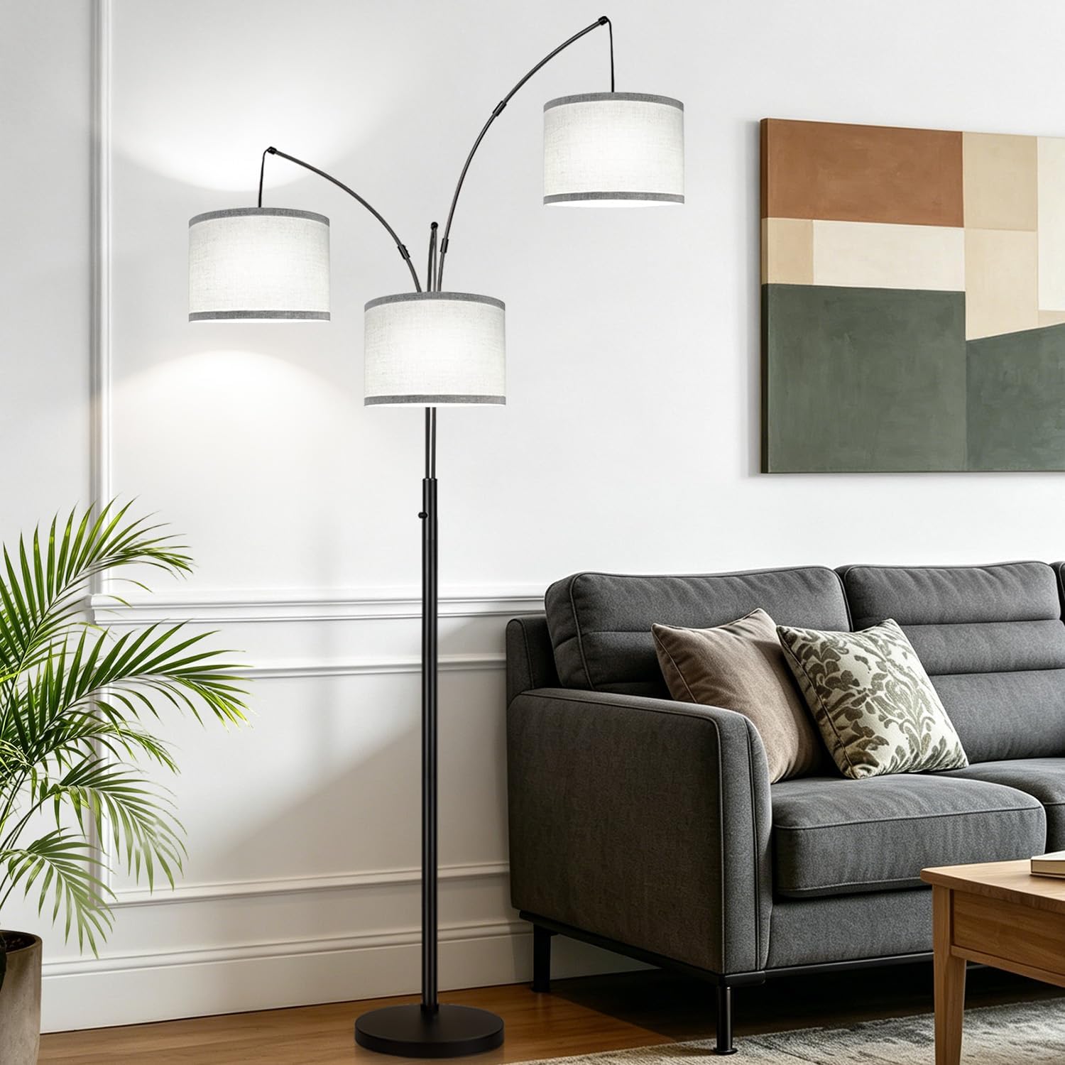 3-Light Black Tree Arc Floor Lamp with Linen Shades