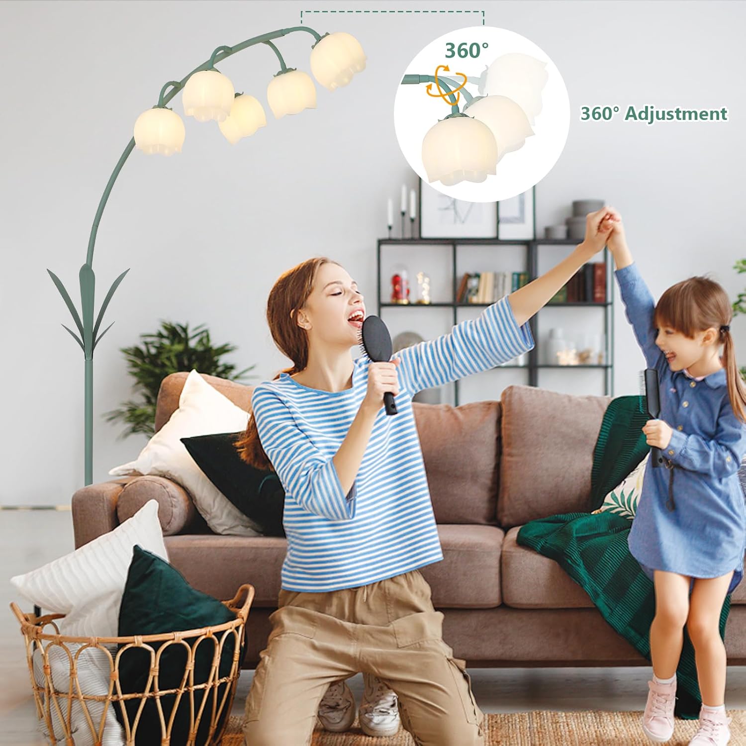 Green Floral Arc Floor Lamp with Acrylic Shade