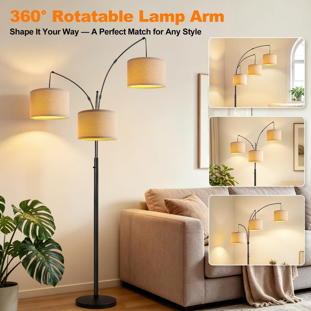 3-Light Beige Shade Tree Arc Floor Lamp
