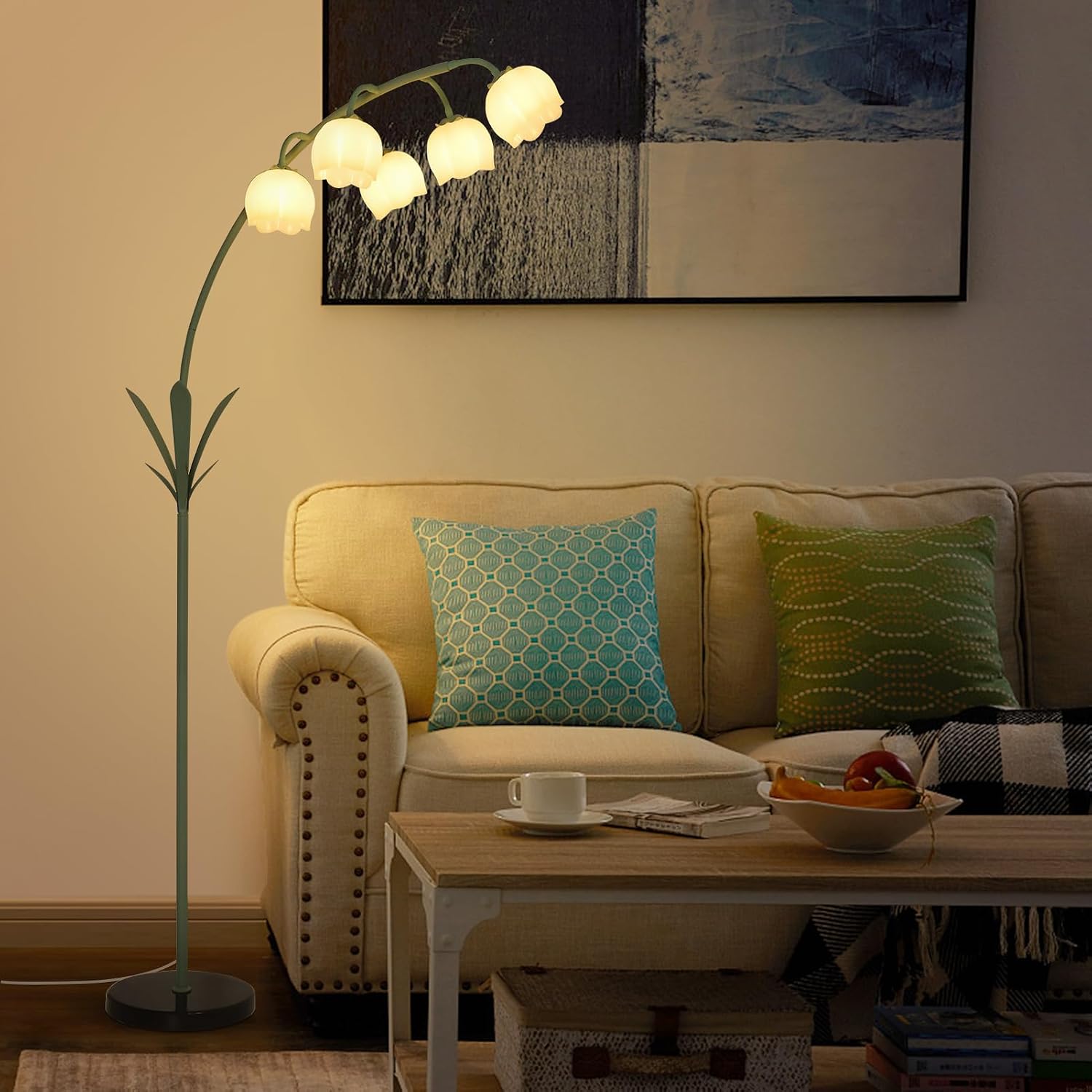 Green Floral Arc Floor Lamp with Acrylic Shade