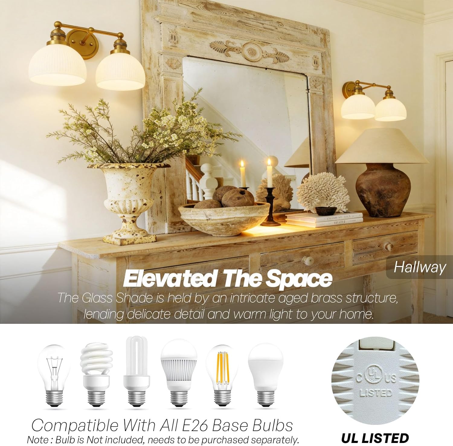 2-Light Gold Double Arm Milk Glass Sconces