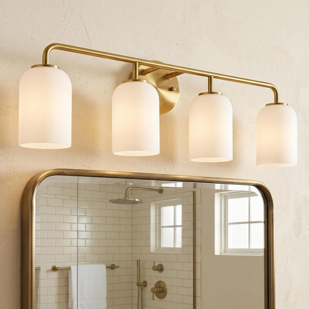 4-Light Gold Milk Glass Vanity Light