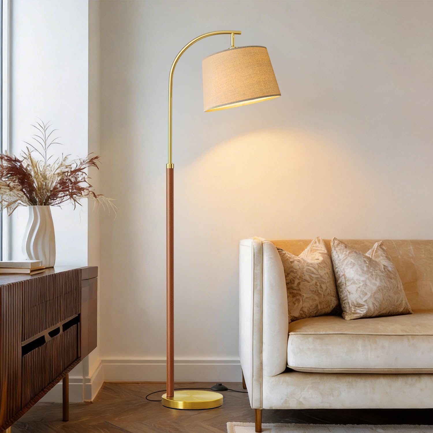 62.5" Wood Gold Arc Floor Lamp with Foot Switch