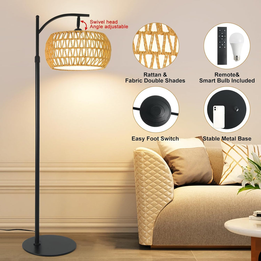 Dimmable Rattan Arc Floor Lamp with Remote