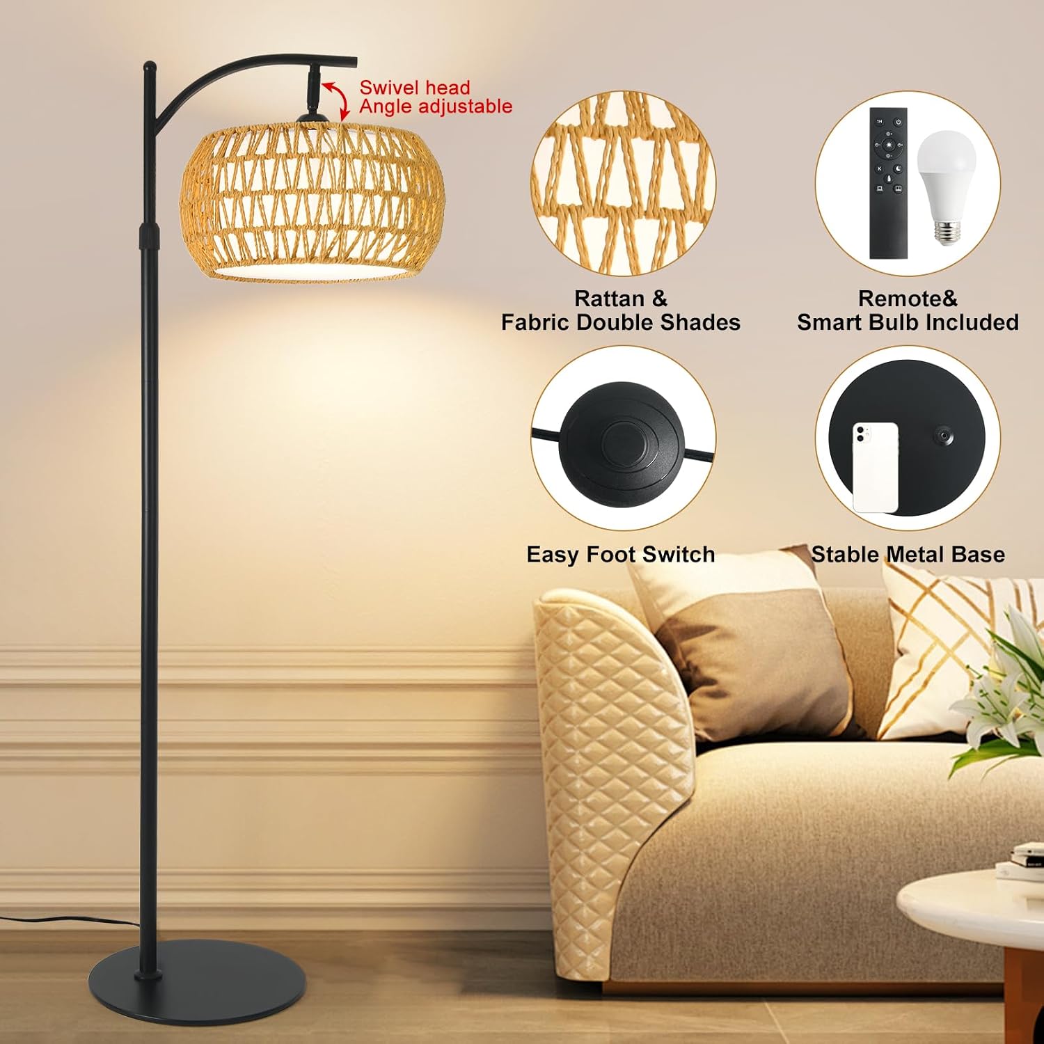 Dimmable Rattan Arc Floor Lamp with Remote