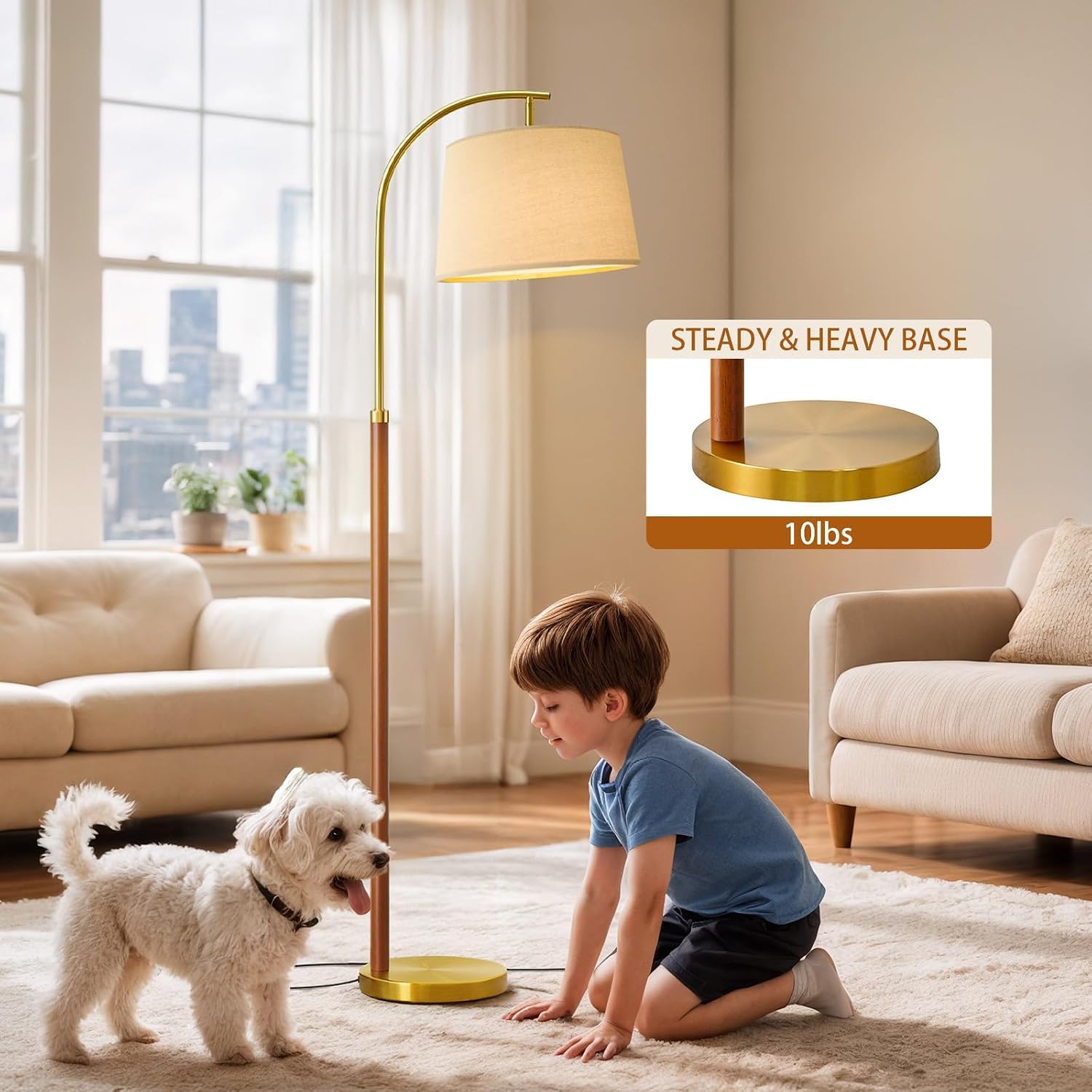 62.5" Wood Gold Arc Floor Lamp with Foot Switch