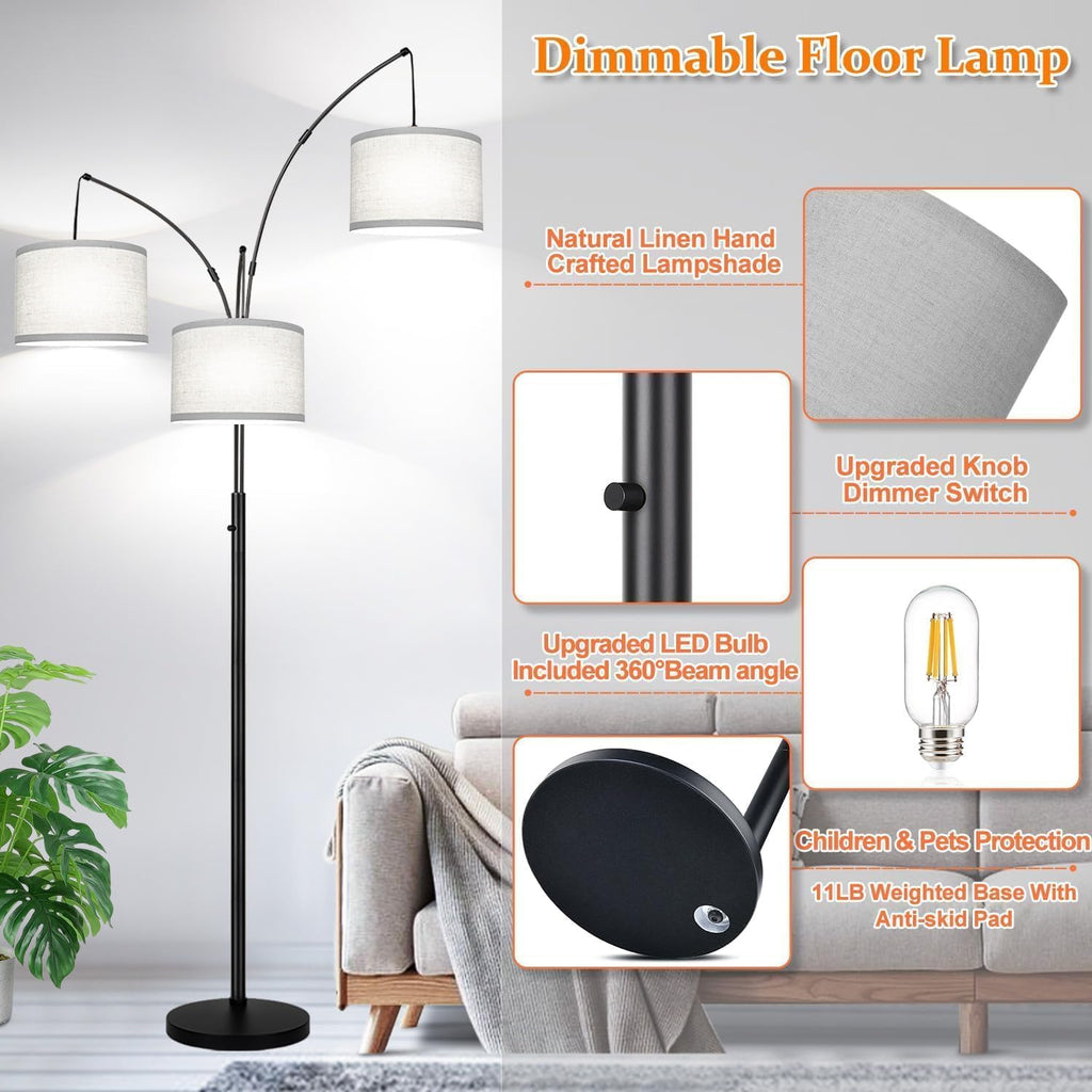 3-Light Black Tree Arc Floor Lamp with Linen Shades