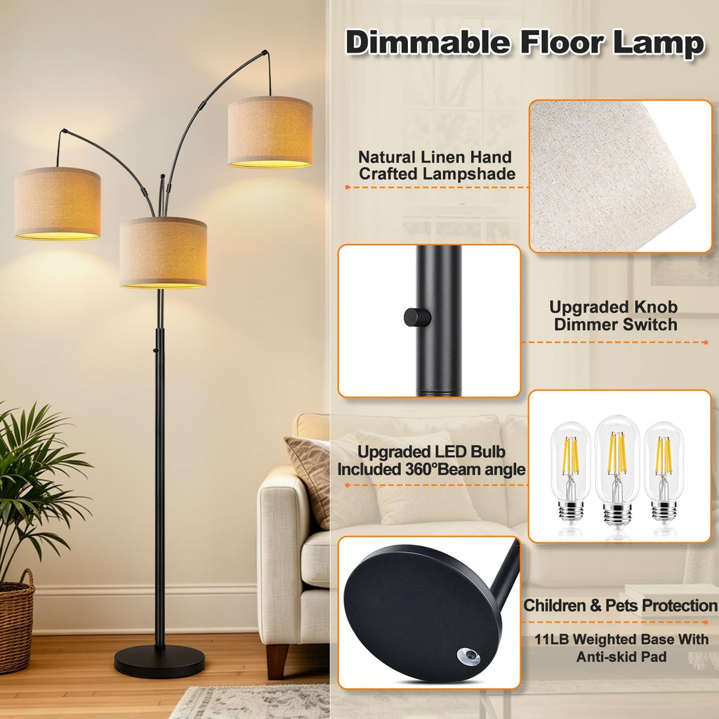 3-Light Beige Shade Tree Arc Floor Lamp