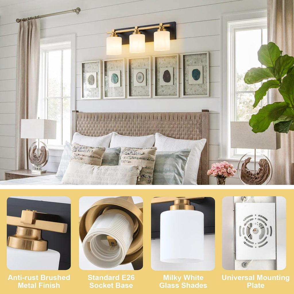 3-Light Black Gold Bathroom Vanity Light