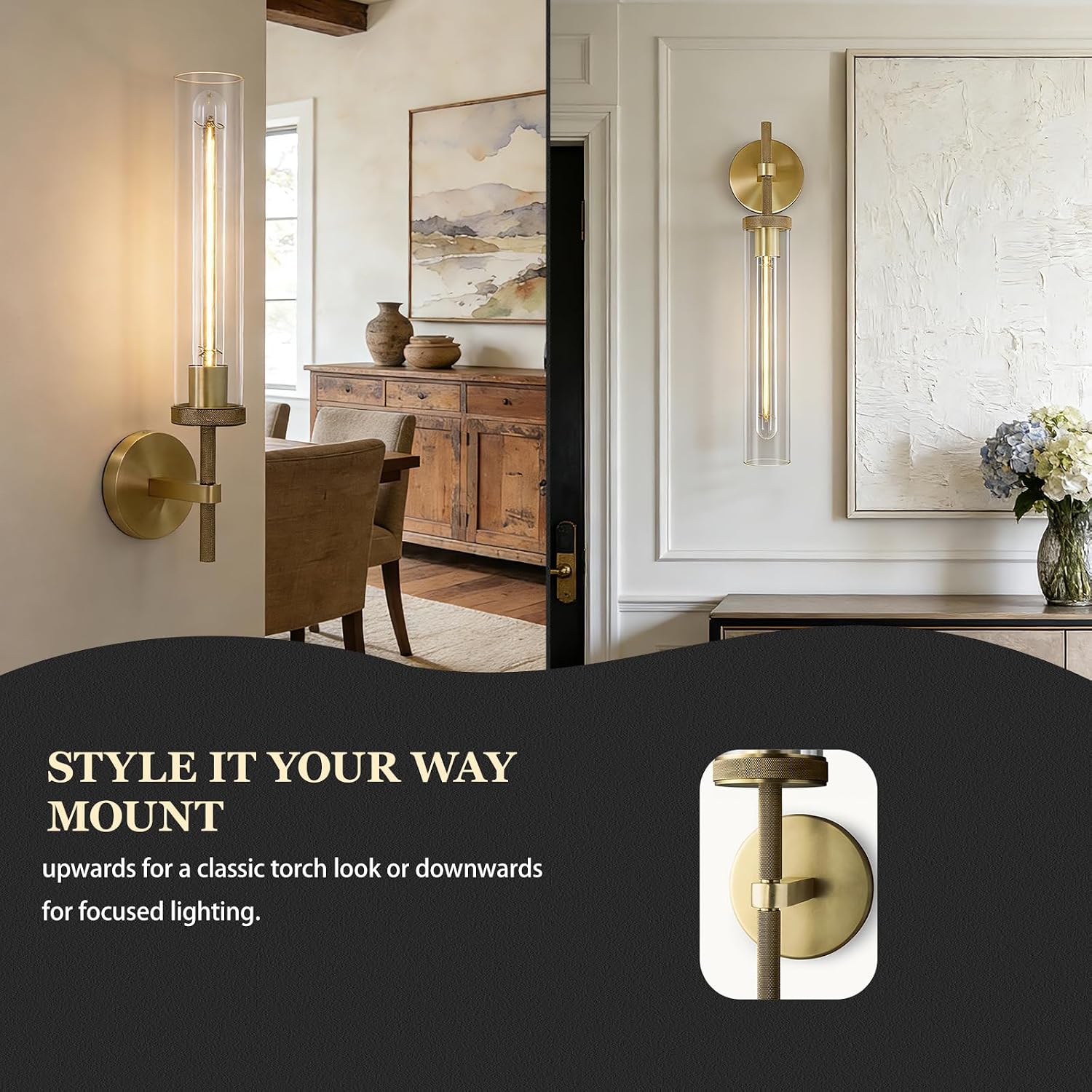2-Pack Knurled Brass Tube Glass Sconces