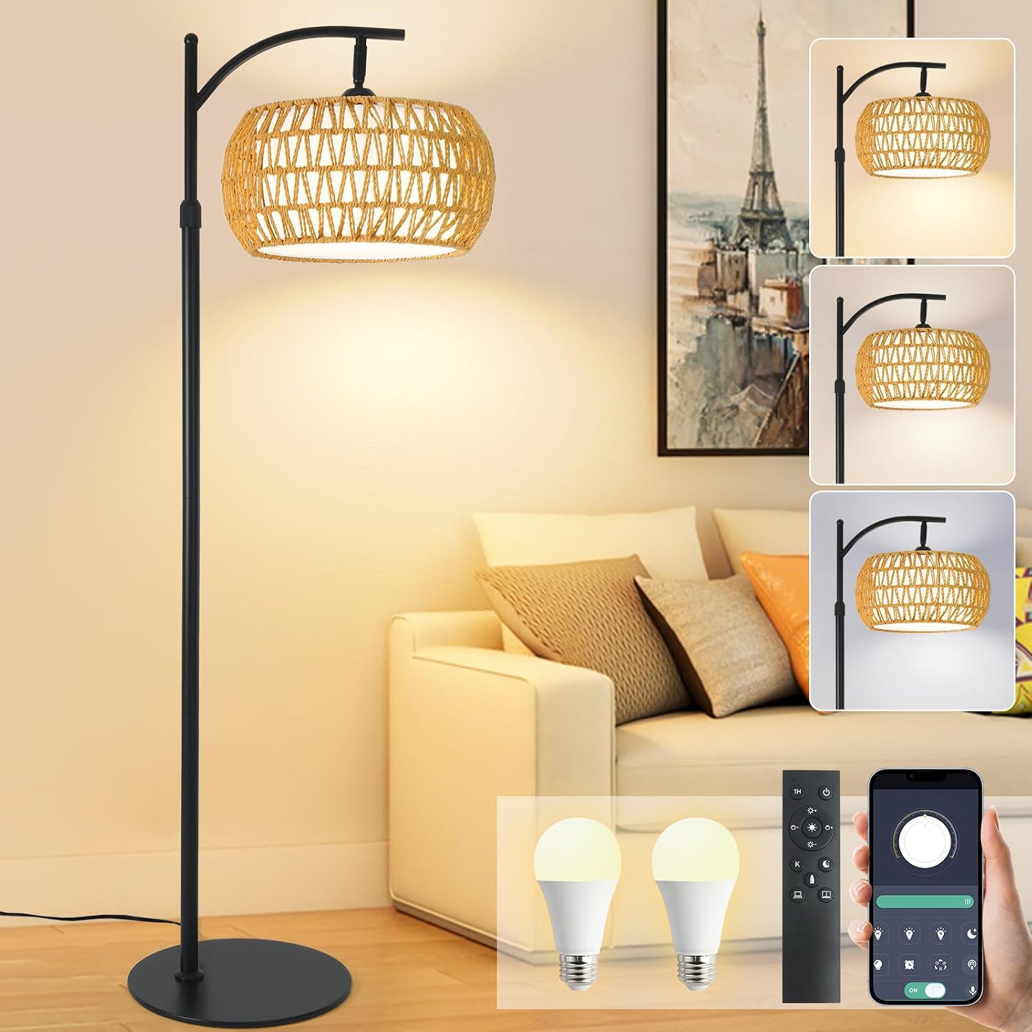 Dimmable Rattan Arc Floor Lamp with Remote