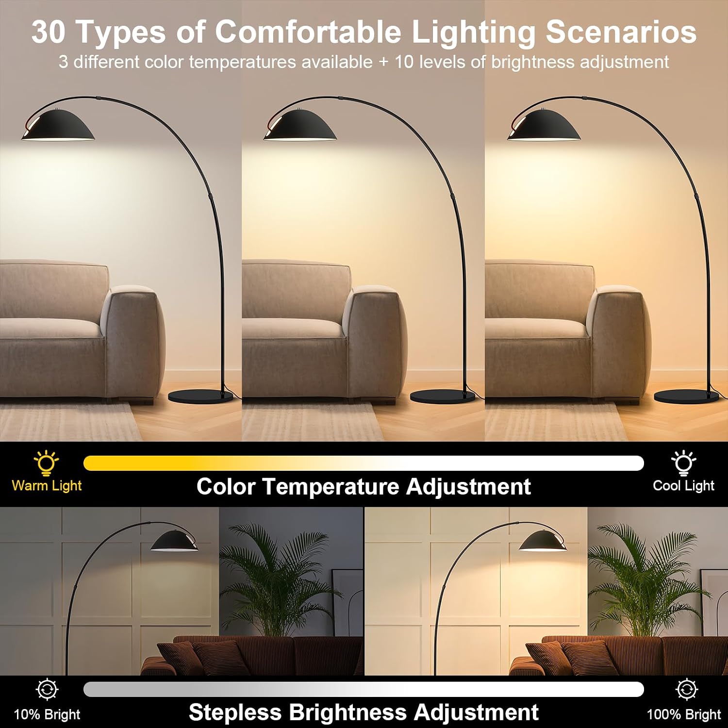 72" Black Dimmable LED Arc Floor Lamp with Remote