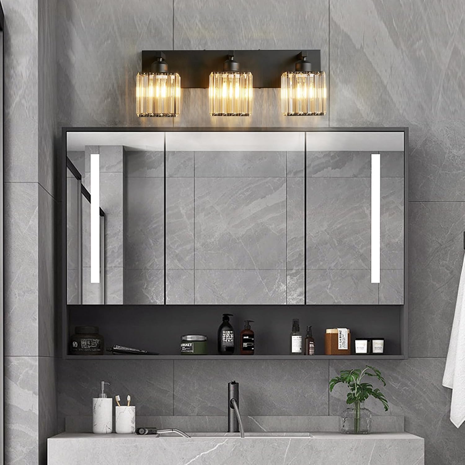 3-Light Black Crystal Vanity Light