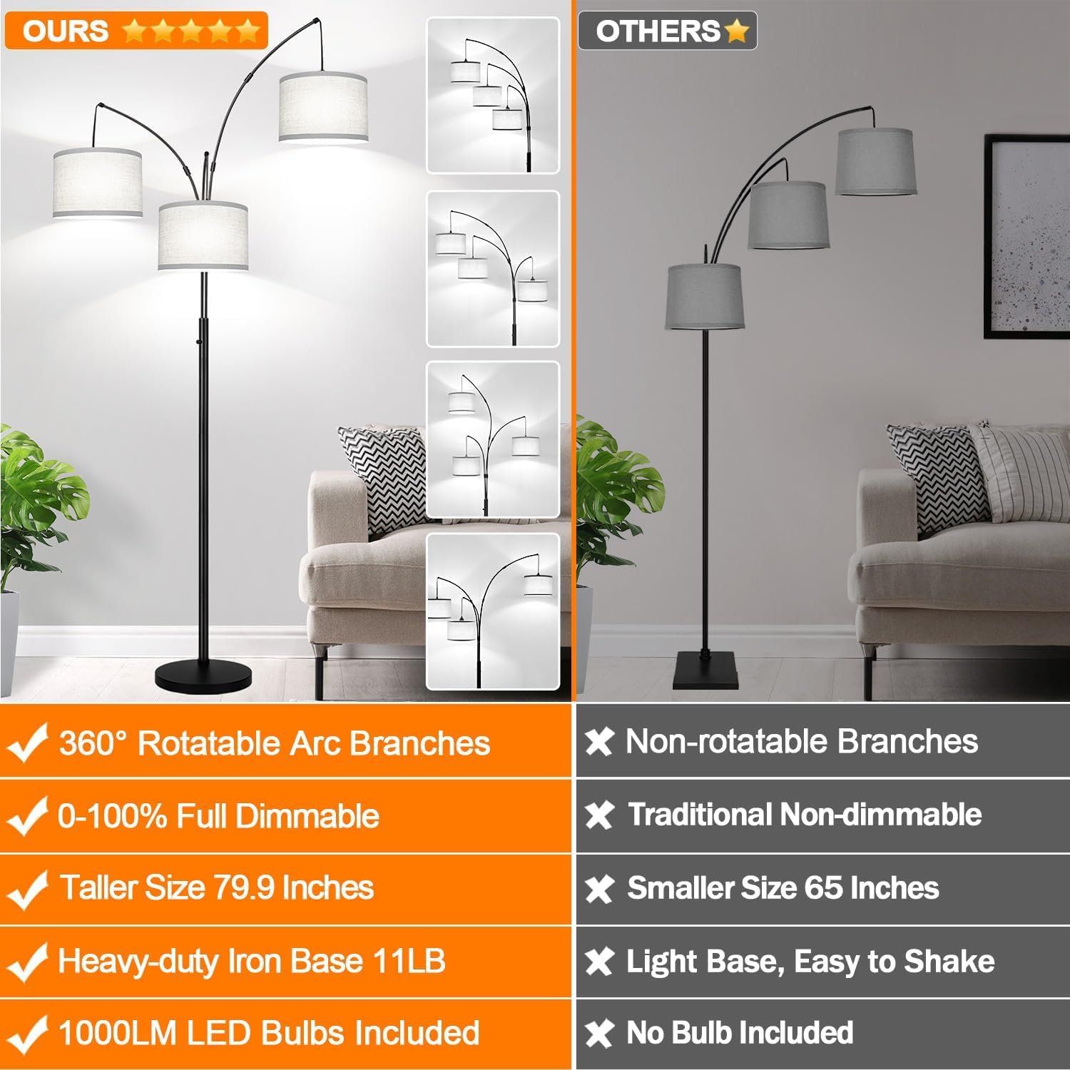 3-Light Black Tree Arc Floor Lamp with Linen Shades