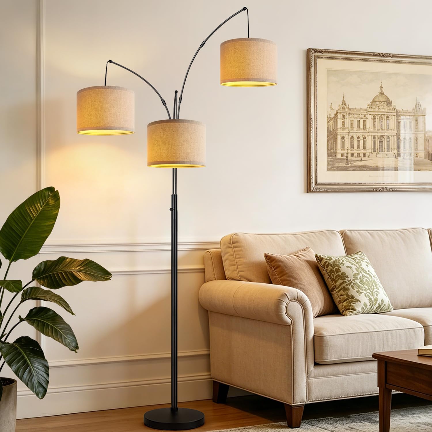 3-Light Beige Shade Tree Arc Floor Lamp