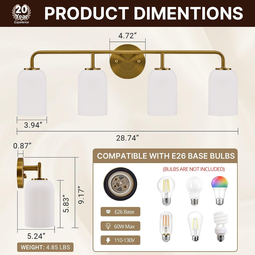4-Light Gold Milk Glass Vanity Light