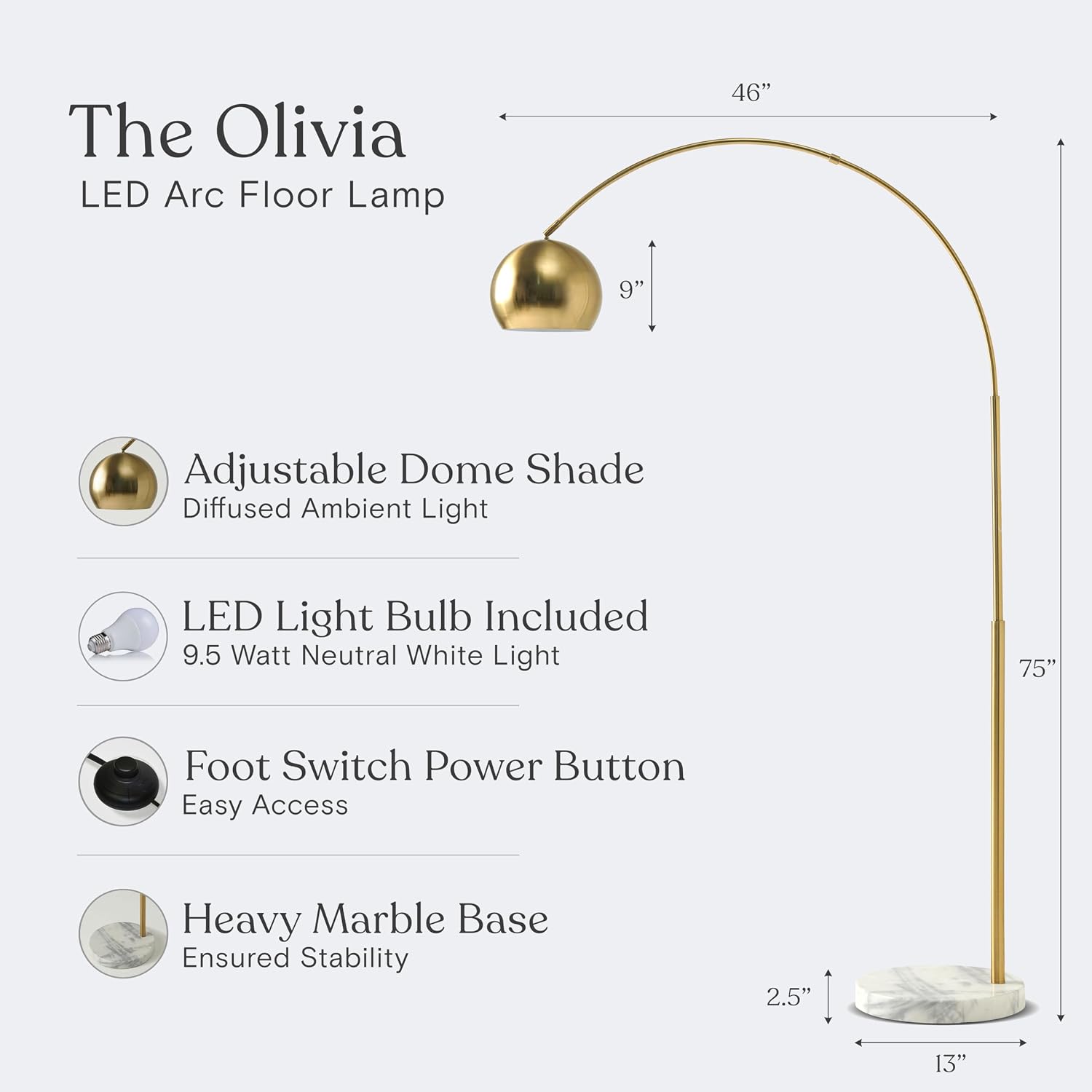 Brass Spotlight Head Arc Floor Lamp with Marble Base