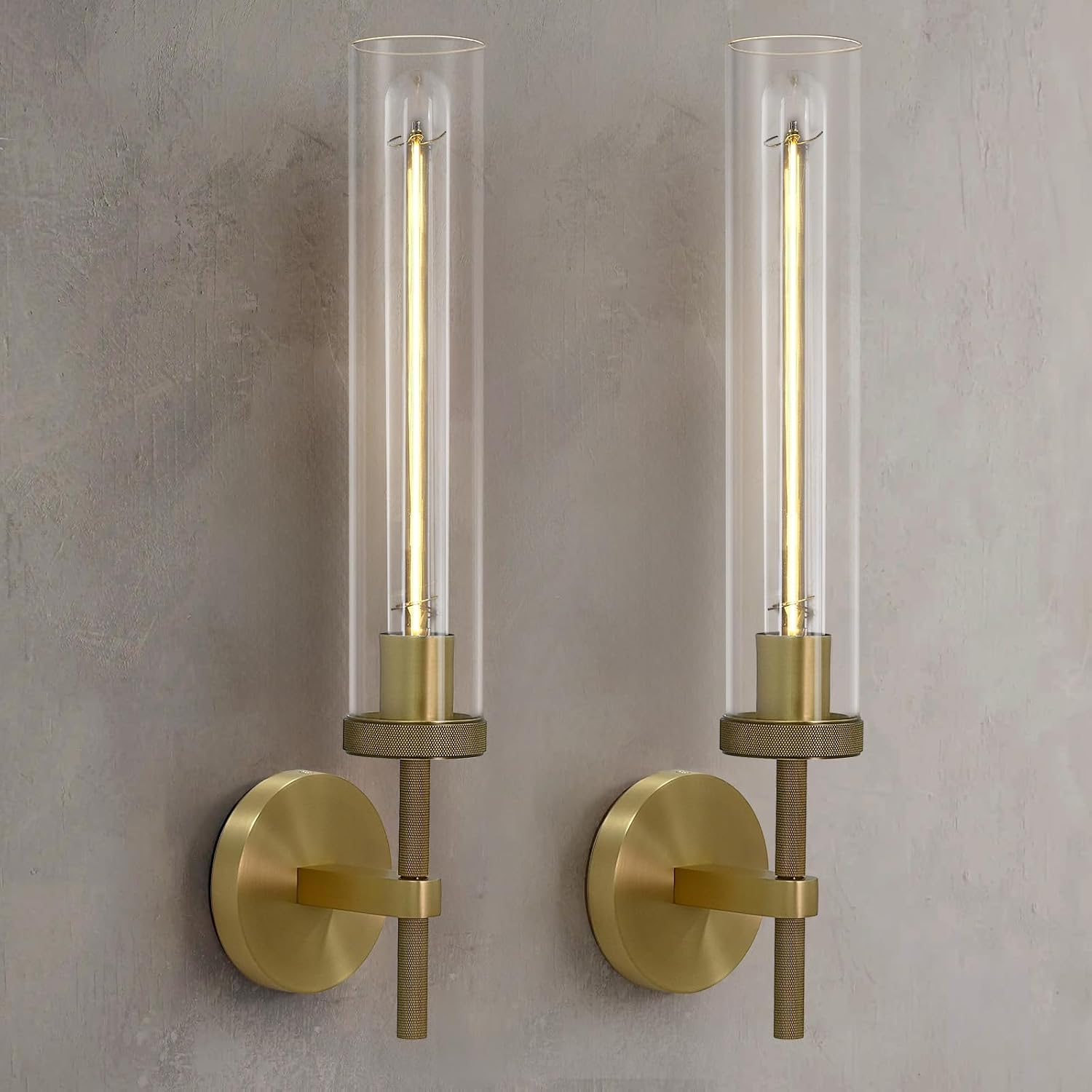 2-Pack Knurled Brass Tube Glass Sconces