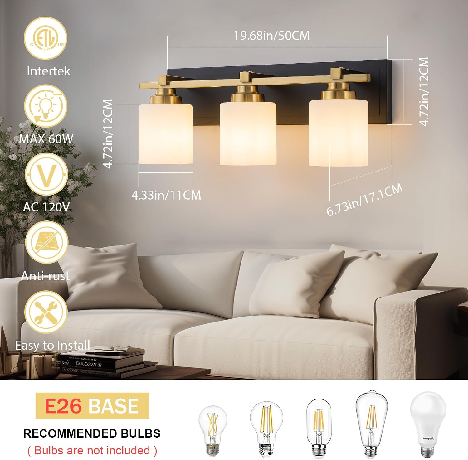 3-Light Black Gold Bathroom Vanity Light