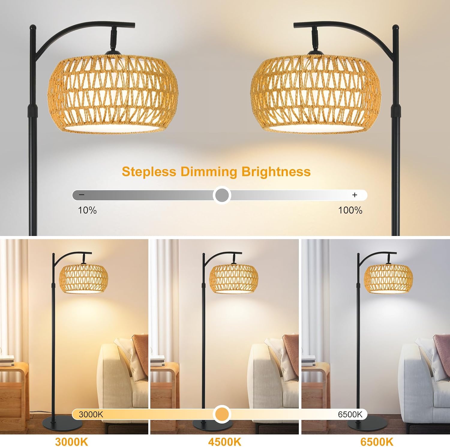 Dimmable Rattan Arc Floor Lamp with Remote