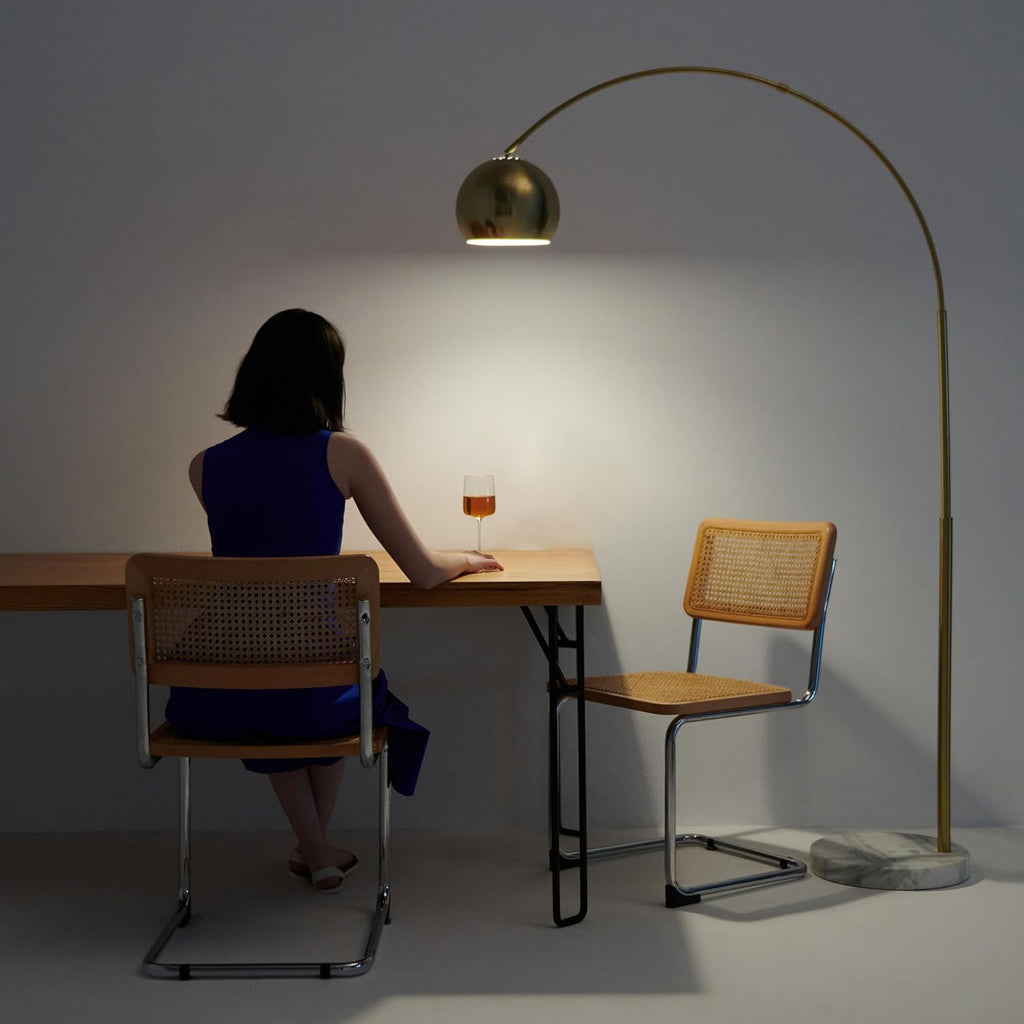 Brass Spotlight Head Arc Floor Lamp with Marble Base