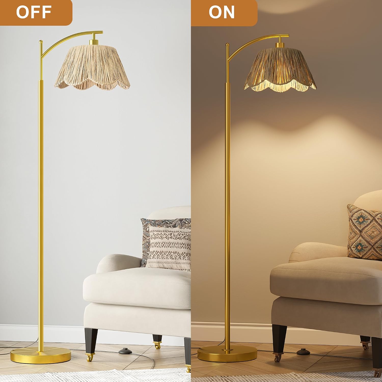 Gold Rattan Arc Floor Lamp with Foot Switch