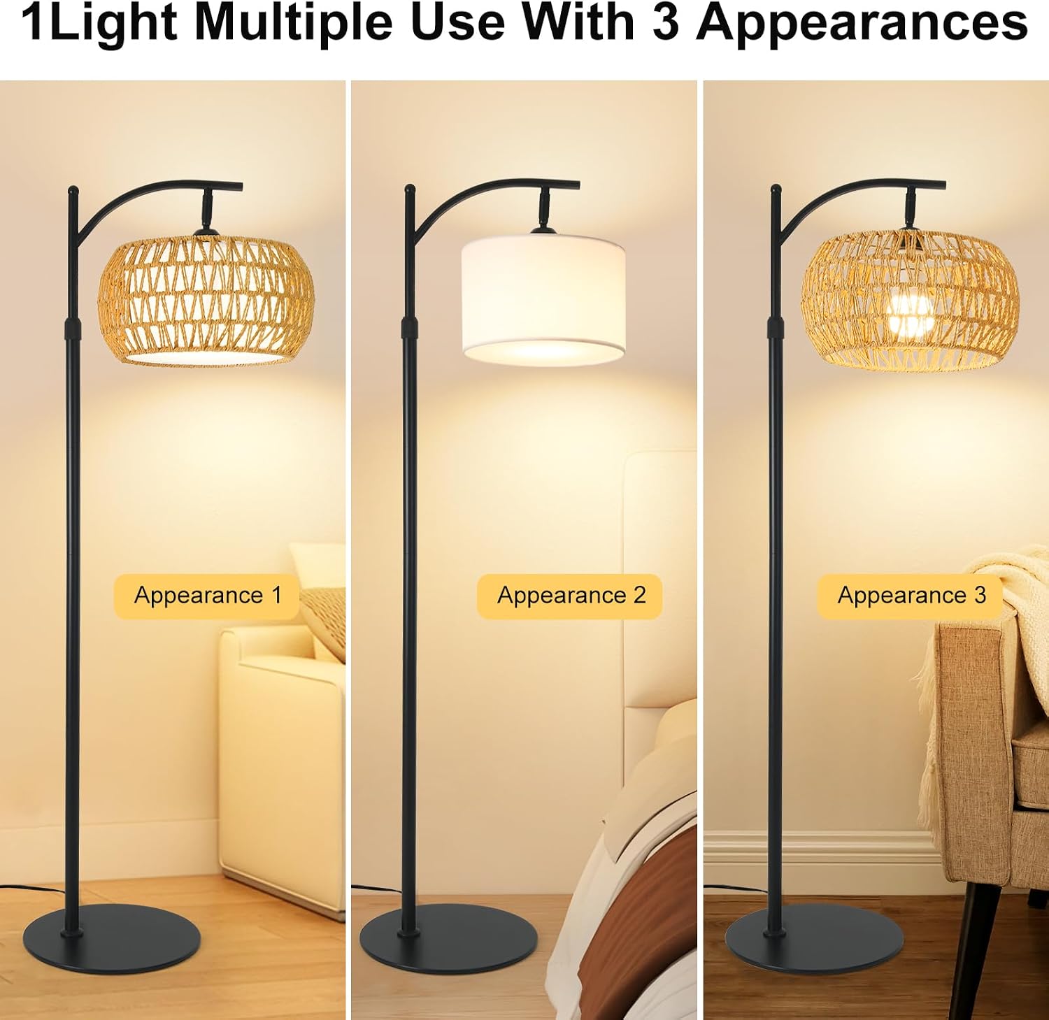 Dimmable Rattan Arc Floor Lamp with Remote