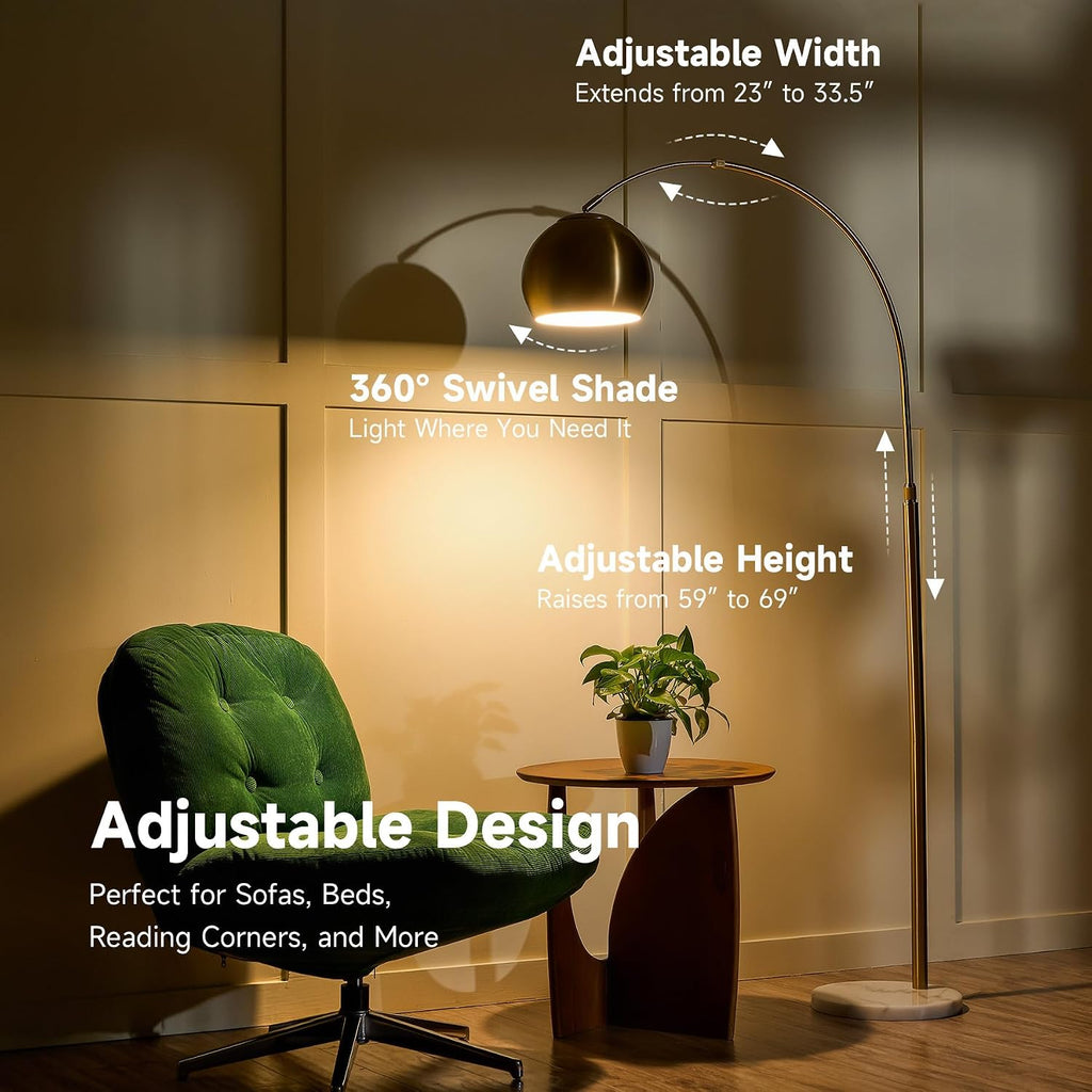 69" Gold Adjustable Arc Floor Lamp with Marble Base