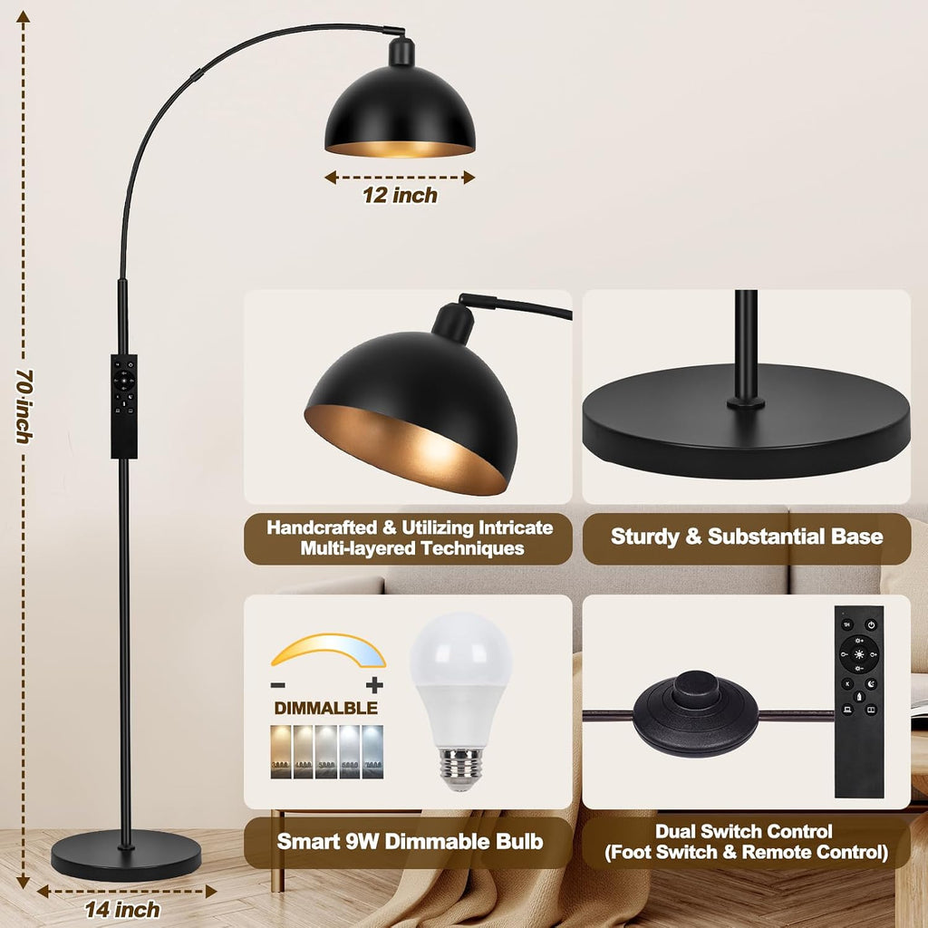 Dimmable Black Arc Floor Lamp with Remote
