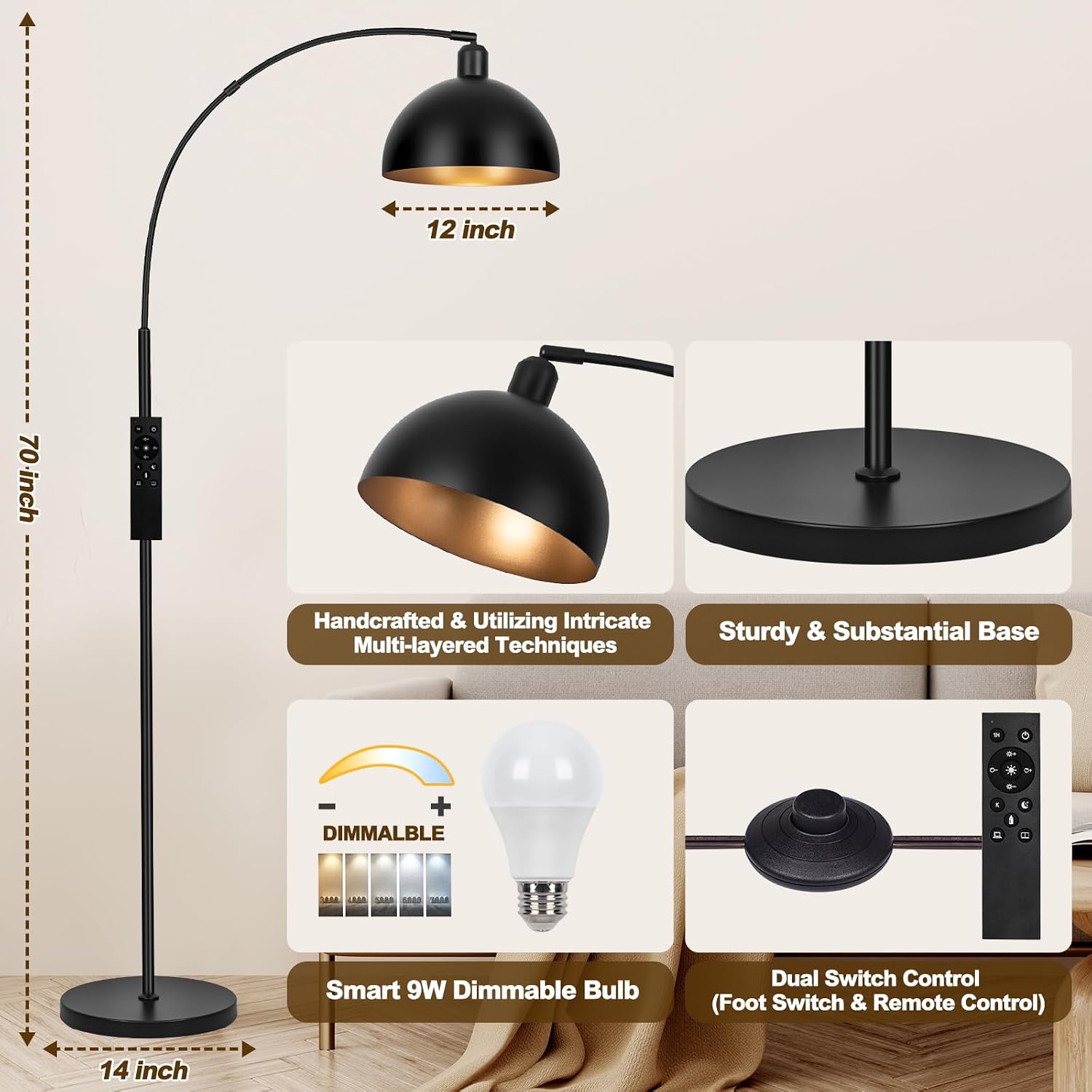 Dimmable Black Arc Floor Lamp with Remote