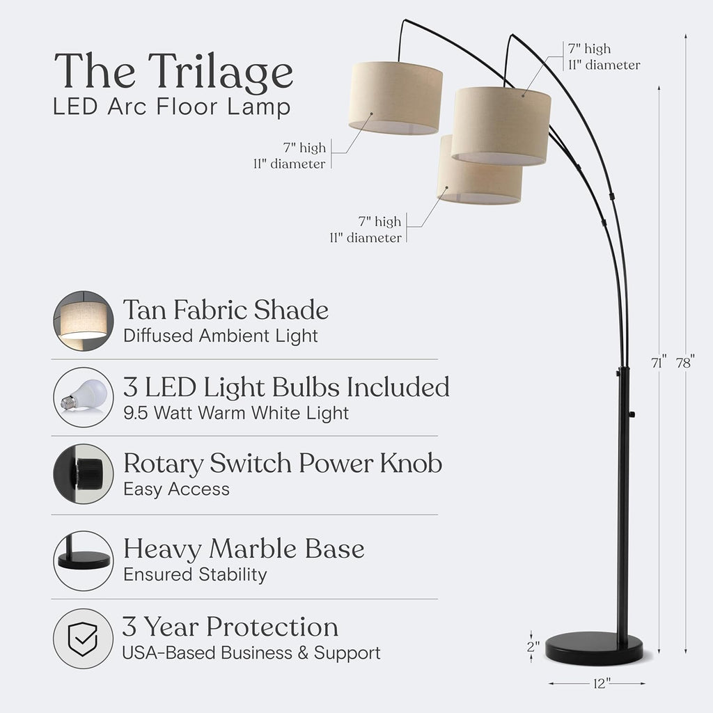 Black 3-Shade Multi-Head Arc Floor Lamp