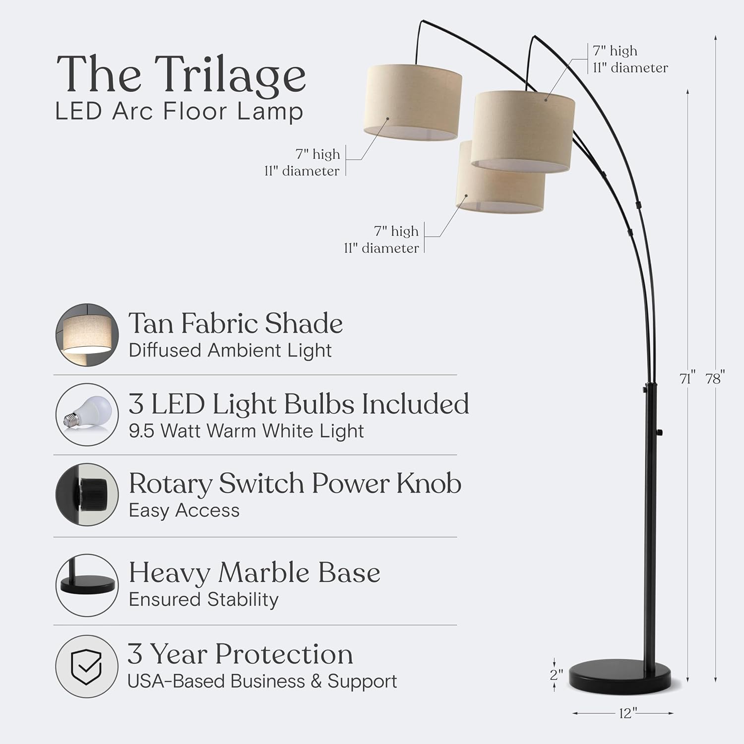 Black 3-Shade Multi-Head Arc Floor Lamp