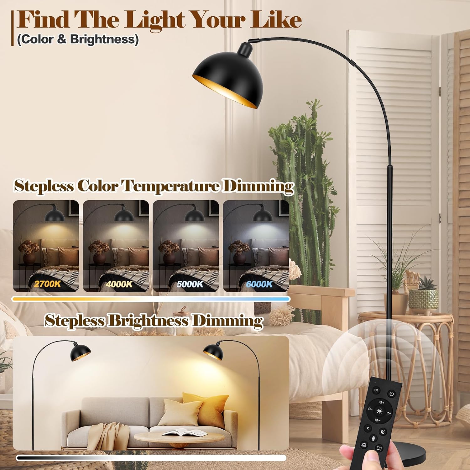 Dimmable Black Arc Floor Lamp with Remote