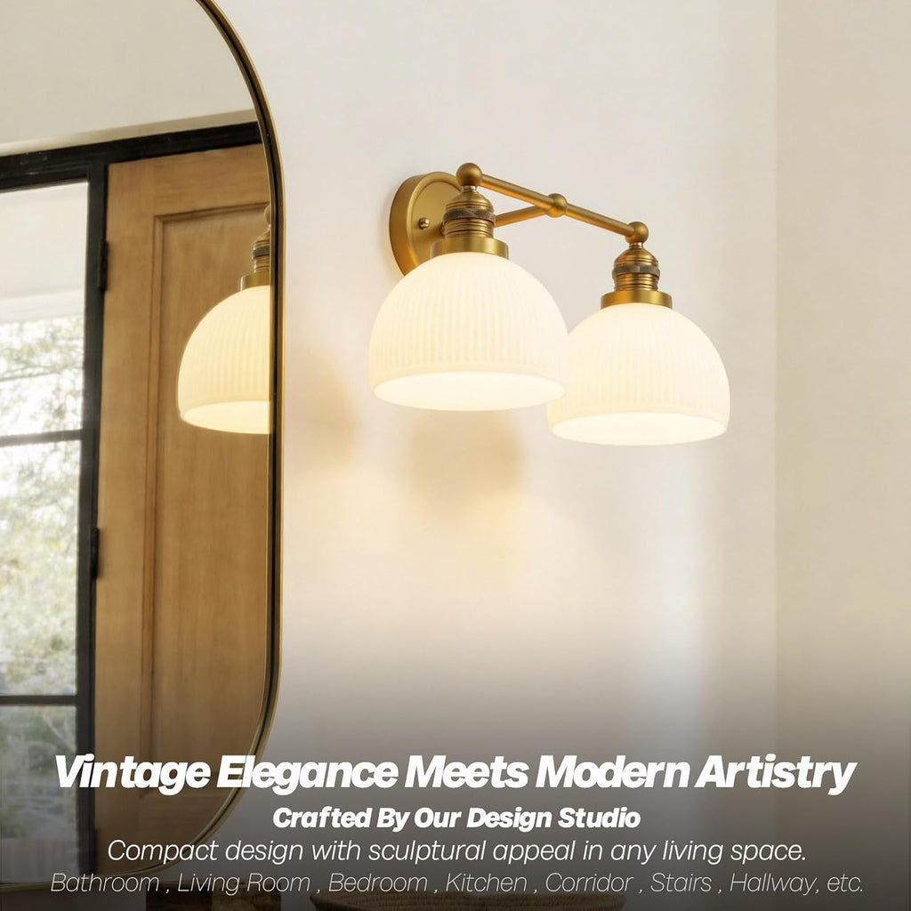 2-Light Gold Double Arm Milk Glass Sconces